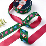 Rocket Ride ribbon twisted to show the printed front and solid cherry red back