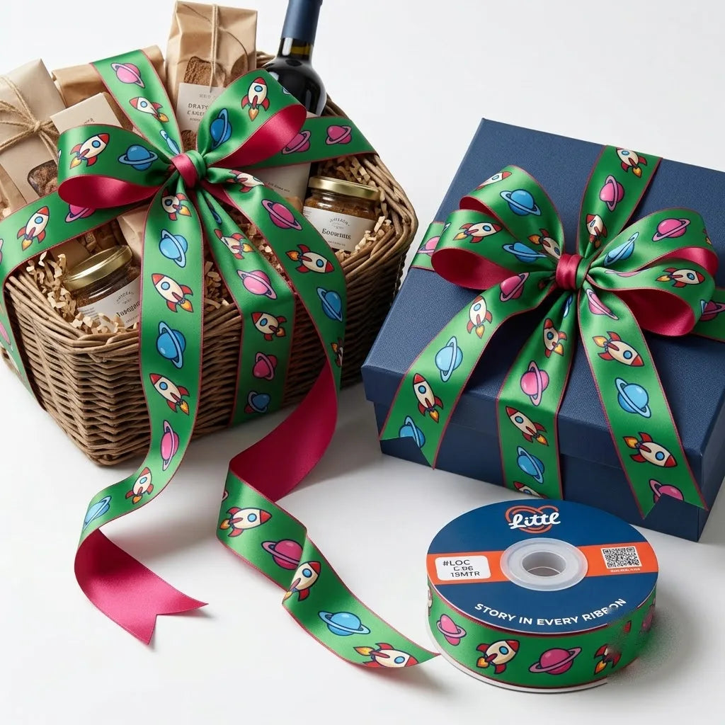 Gift wrapped with Rocket Ride Kids printed ribbon from Littl