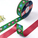 Rocket Ride Kids printed satin ribbon roll, rockets and planets on grass green with a solid cherry red back, 1 inch (25 mm) – Littl