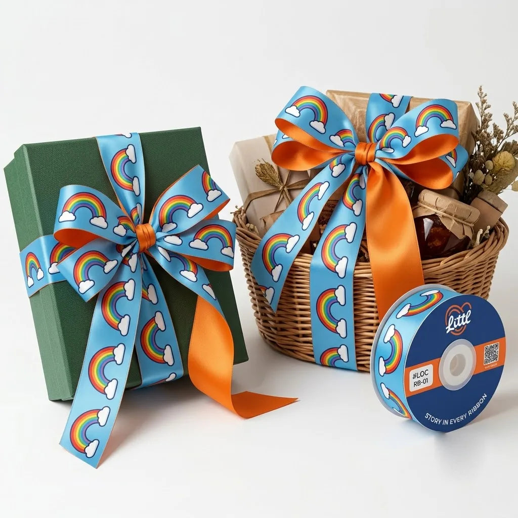 Gift wrapped with Rainbow Clouds Kids printed ribbon from Littl