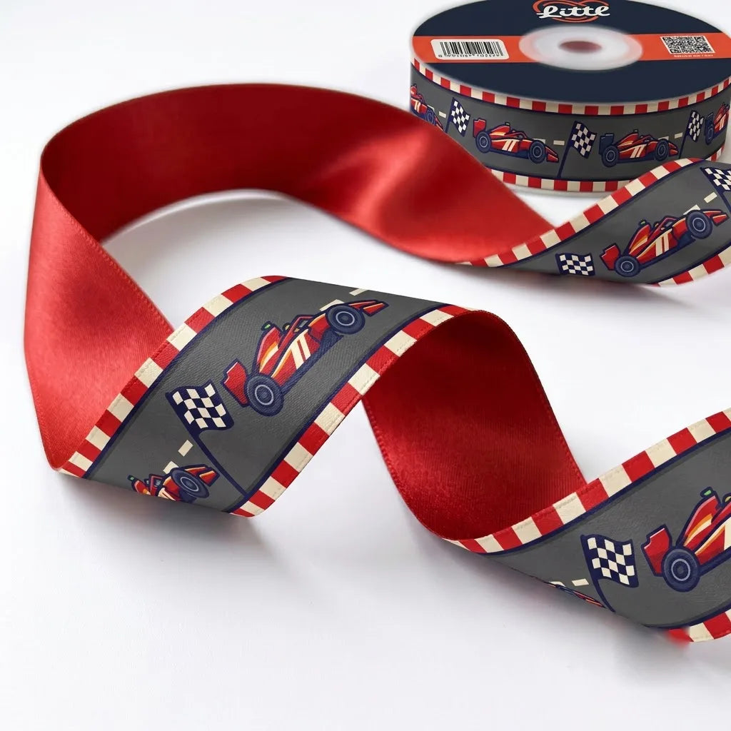 Close-up of Race Day ribbon: race cars and chequered flags printed on charcoal grey satin