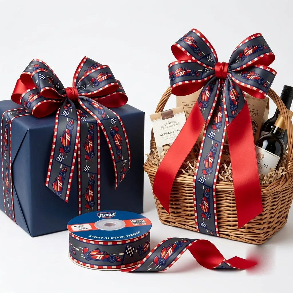 Gift wrapped with Race Day Kids printed ribbon from Littl
