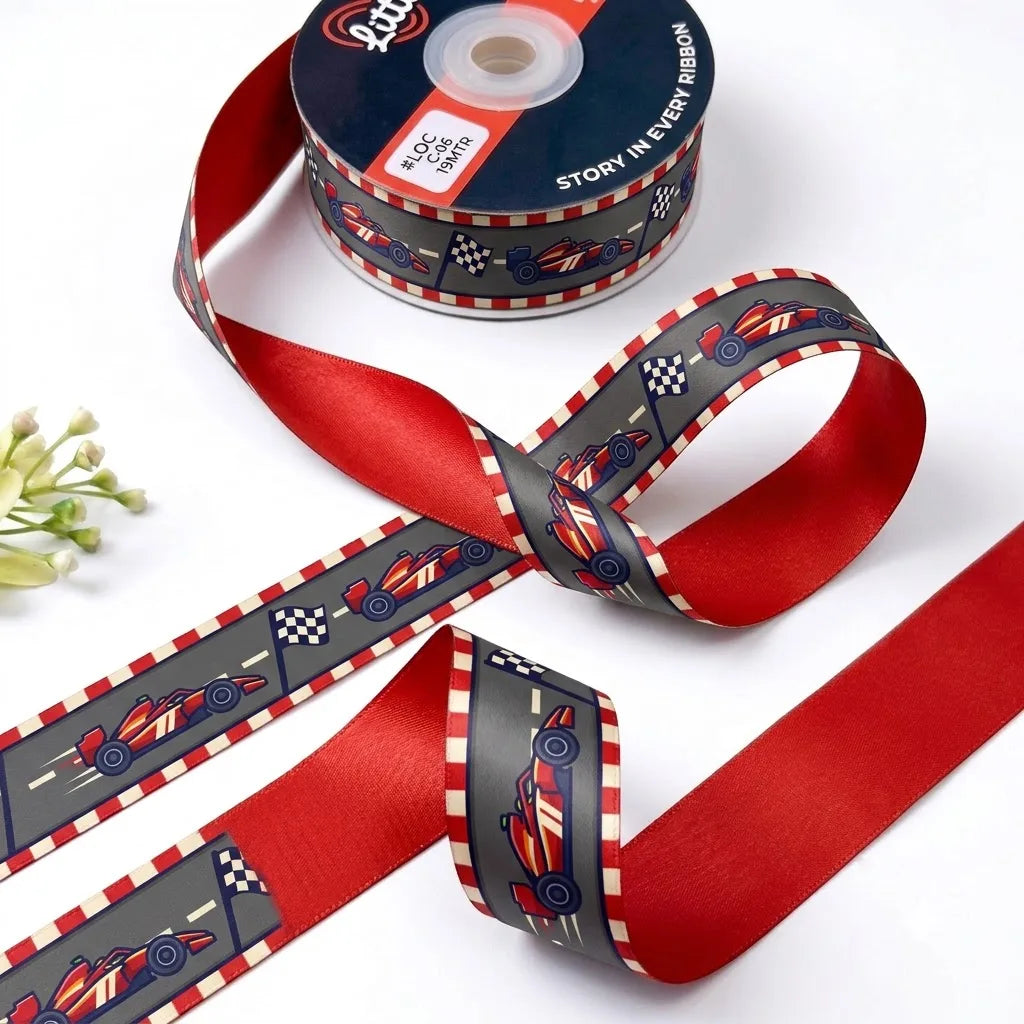 Race Day ribbon twisted to show the printed front and solid racing red back