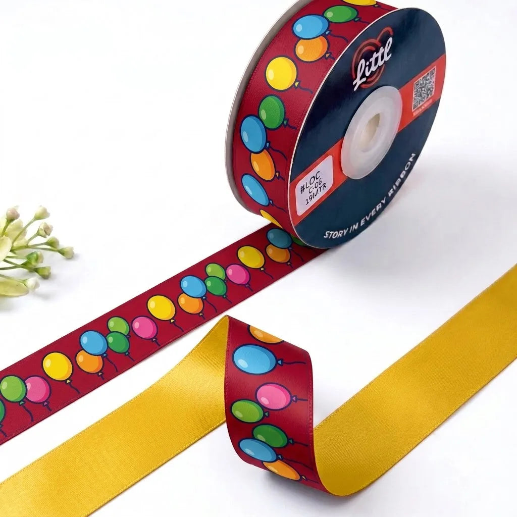 Balloon Party Kids printed satin ribbon roll, bunches of colourful balloons on maroon with a solid sunny yellow back, 1 inch (25 mm) – Littl