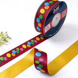 Balloon Party Kids printed satin ribbon roll, bunches of colourful balloons on maroon with a solid sunny yellow back, 1 inch (25 mm) – Littl
