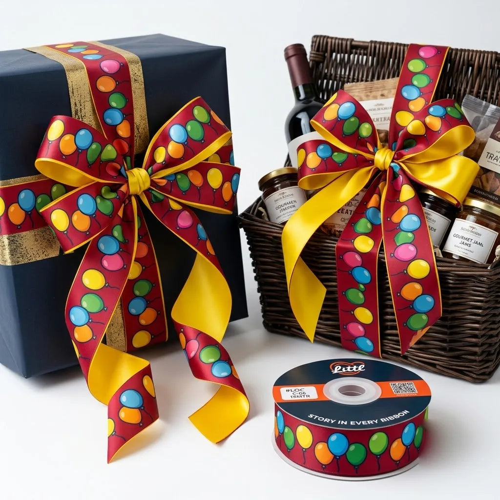Gift wrapped with Balloon Party Kids printed ribbon from Littl