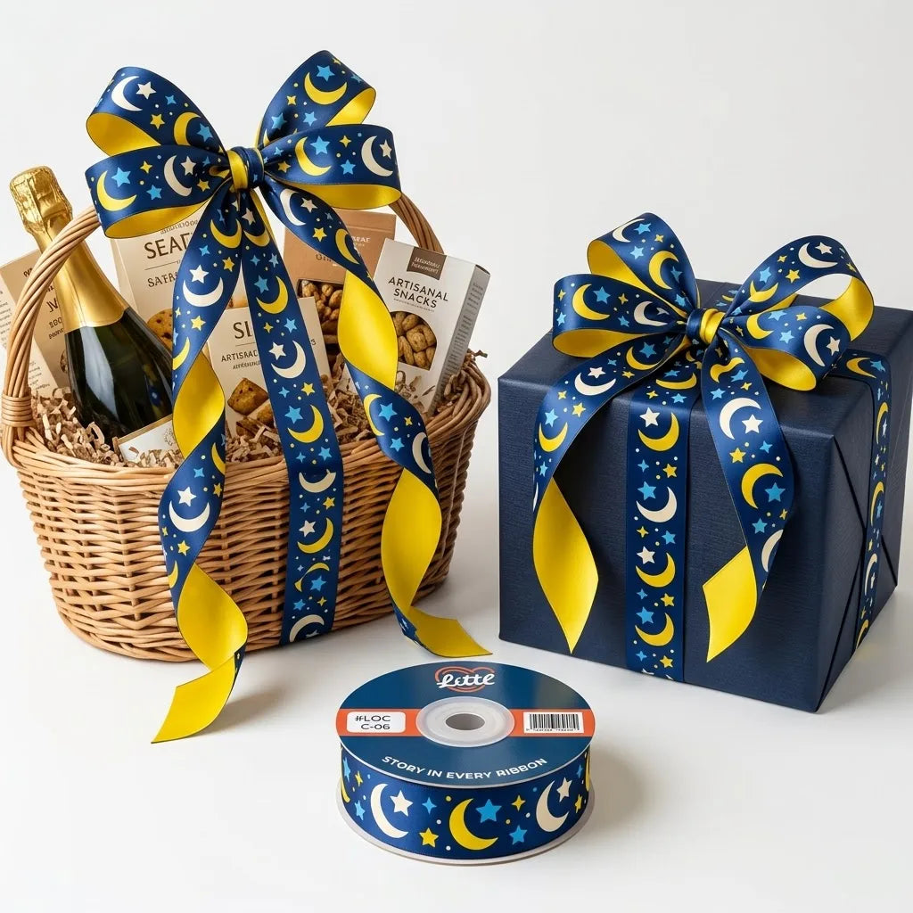 Gift wrapped with Moon & Stars Kids printed ribbon from Littl