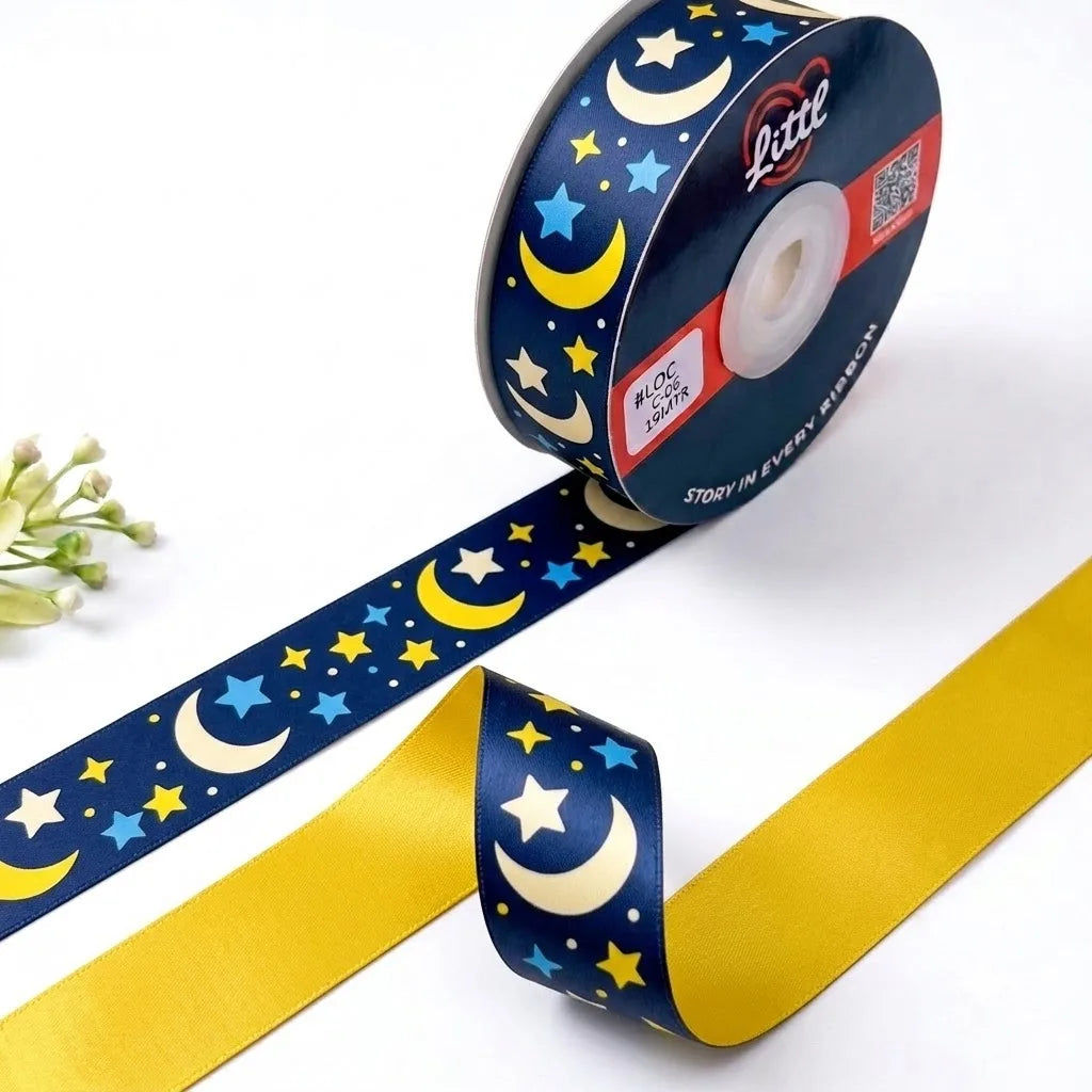Moon & Stars Kids printed satin ribbon roll, golden moons and stars on midnight navy with a solid golden yellow back, 1 inch (25 mm) – Littl