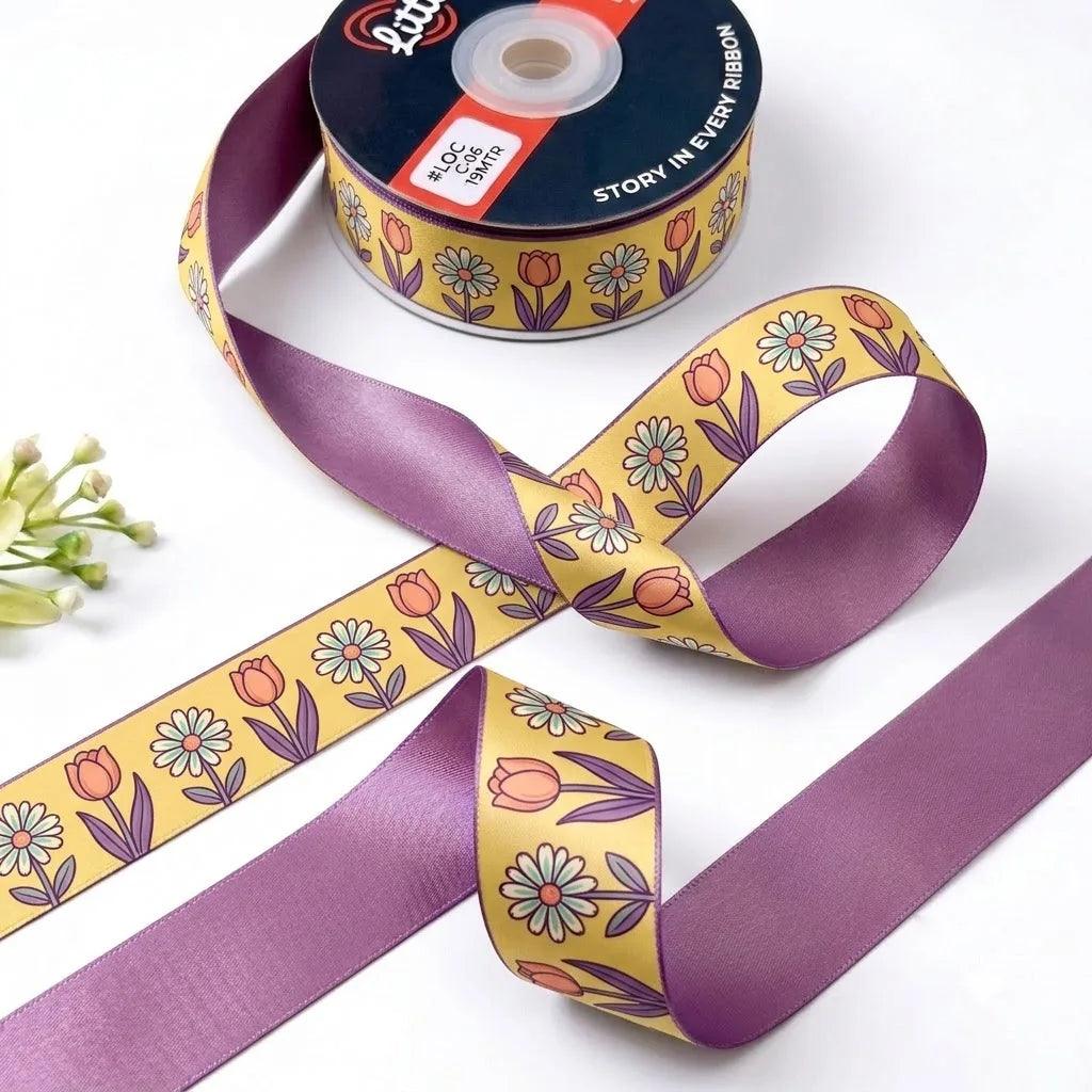Tulip & Daisy ribbon twisted to show the printed front and solid lavender back