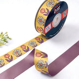 Tulip & Daisy Garden printed satin ribbon roll, tulips and daisies on mustard yellow with a solid lavender back, 1 inch (25 mm) – Littl