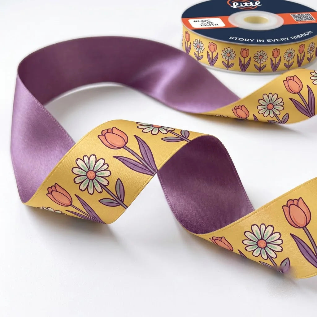 Close-up of Tulip & Daisy ribbon: tulips and daisies printed on mustard yellow satin