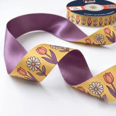 Close-up of Tulip & Daisy ribbon: tulips and daisies printed on mustard yellow satin