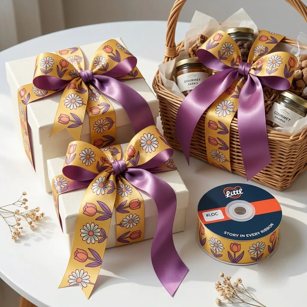 Gift wrapped with Tulip & Daisy Garden printed ribbon from Littl