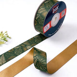 Palm House Botanical printed satin ribbon roll, gold-lined palm and monstera leaves on forest green with a solid antique gold back, 1 inch (25 mm) – Littl