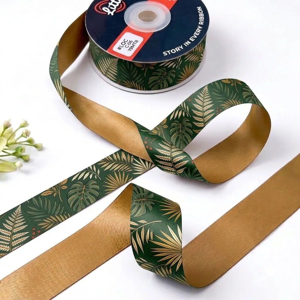 Palm House ribbon twisted to show the printed front and solid antique gold back