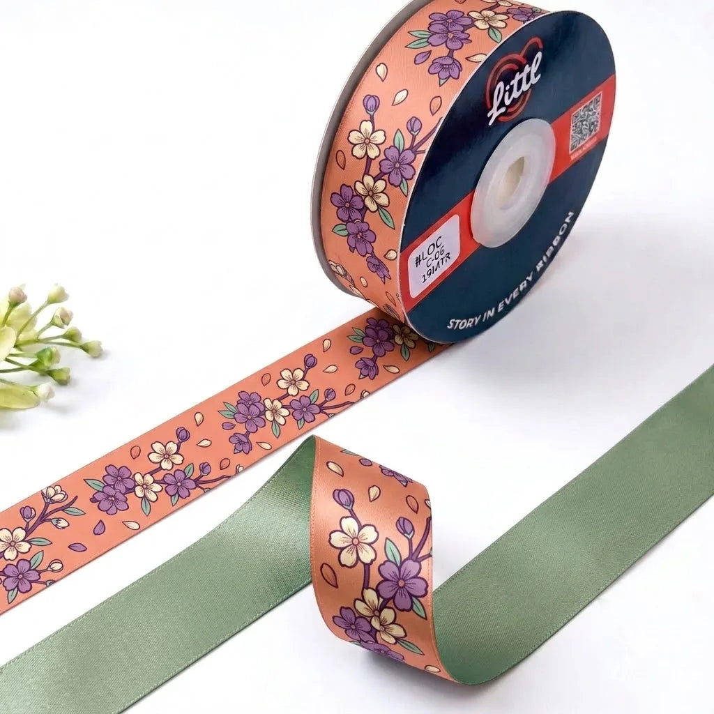Sakura Blossom Japanese printed satin ribbon roll, lilac and cream cherry blossoms on peach coral with a solid sage green back, 1 inch (25 mm) – Littl