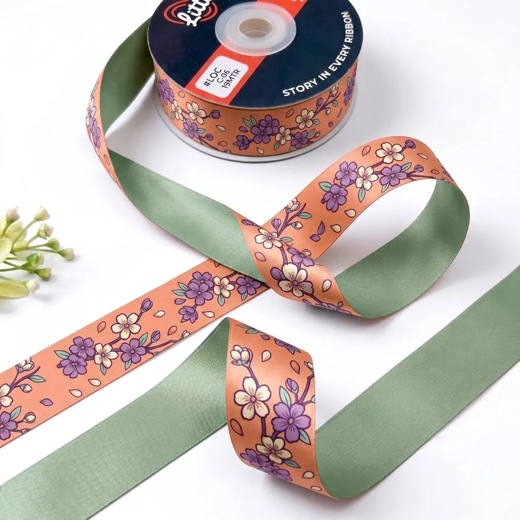 Sakura Blossom ribbon twisted to show the printed front and solid sage green back