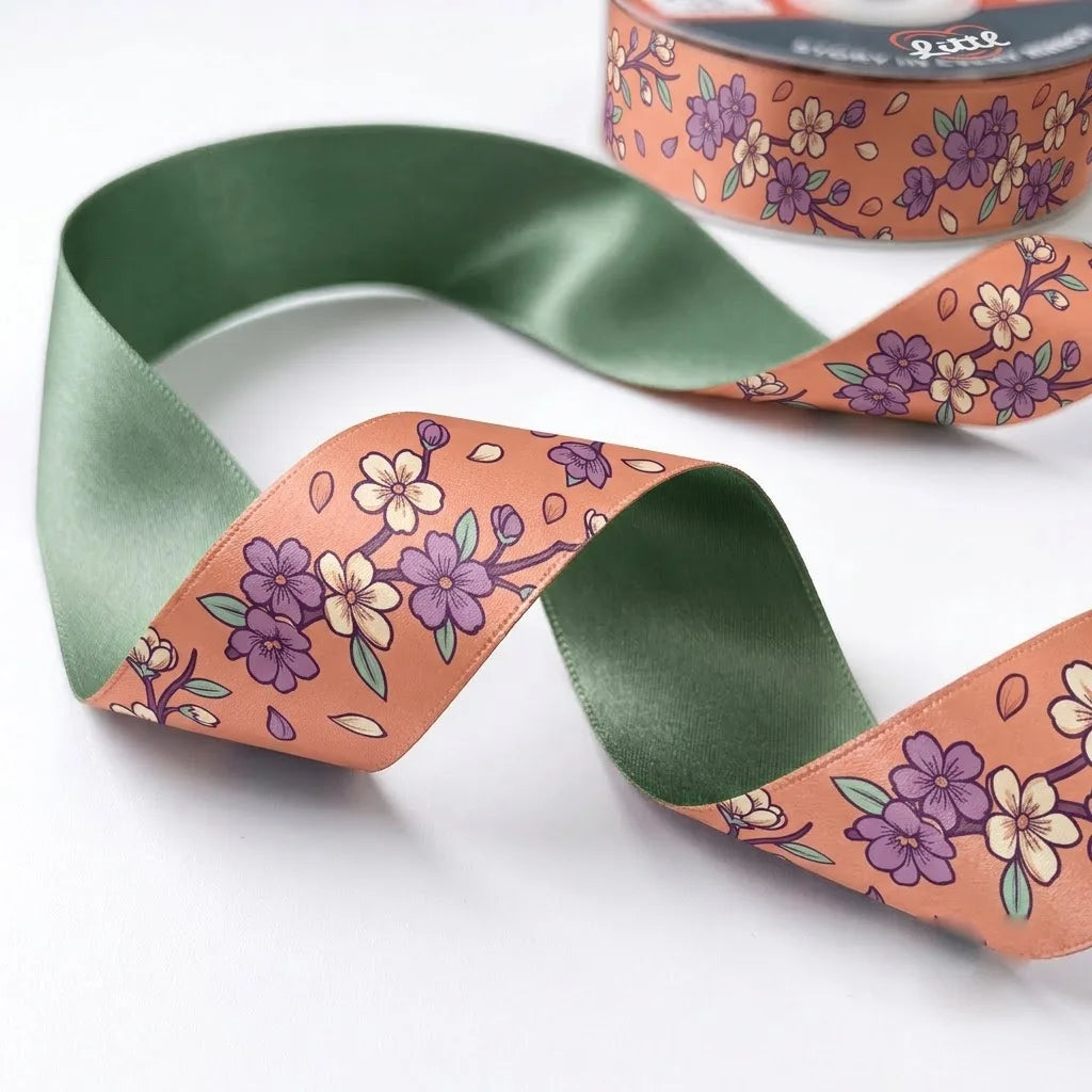 Close-up of Sakura Blossom ribbon: lilac and cream cherry blossoms printed on peach coral satin
