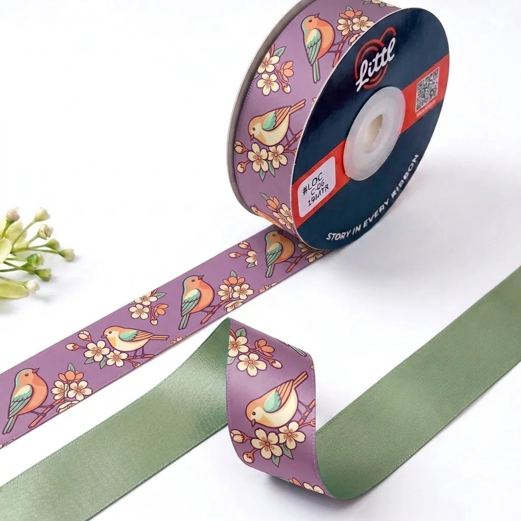 Songbird Blossom Garden printed satin ribbon roll, songbirds and blossoms on lilac with a solid sage green back, 1 inch (25 mm) – Littl