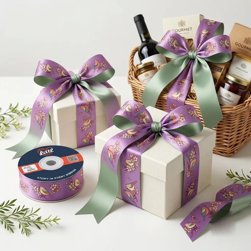 Gift wrapped with Songbird Blossom Garden printed ribbon from Littl