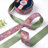 Songbird Blossom ribbon twisted to show the printed front and solid sage green back