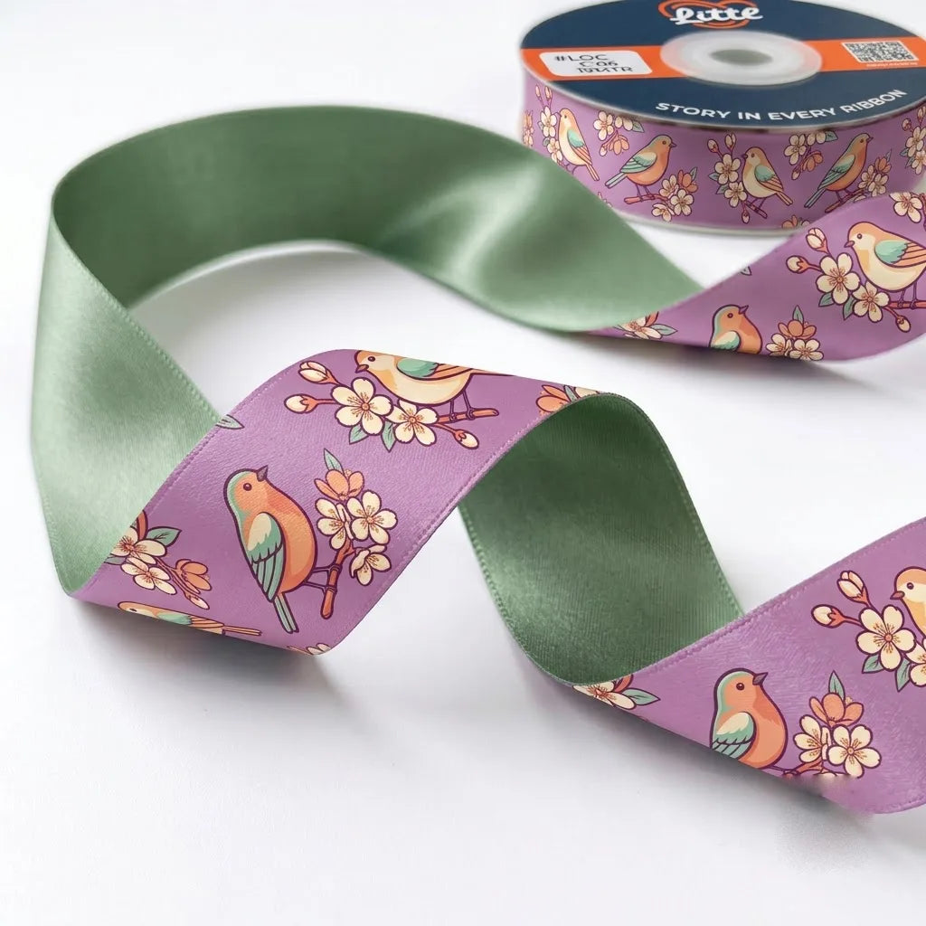 Close-up of Songbird Blossom ribbon: songbirds and blossoms printed on lilac satin