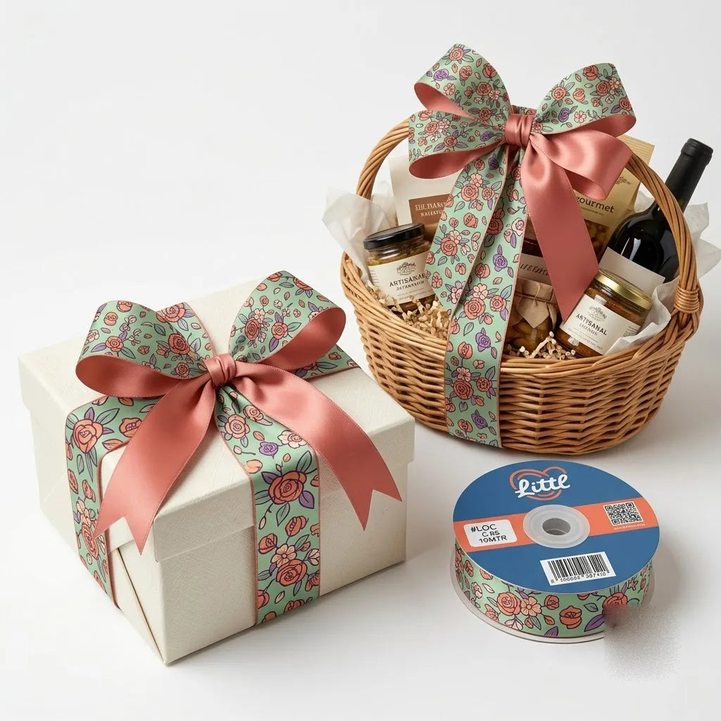 Gift wrapped with Rose Ditsy Garden printed ribbon from Littl