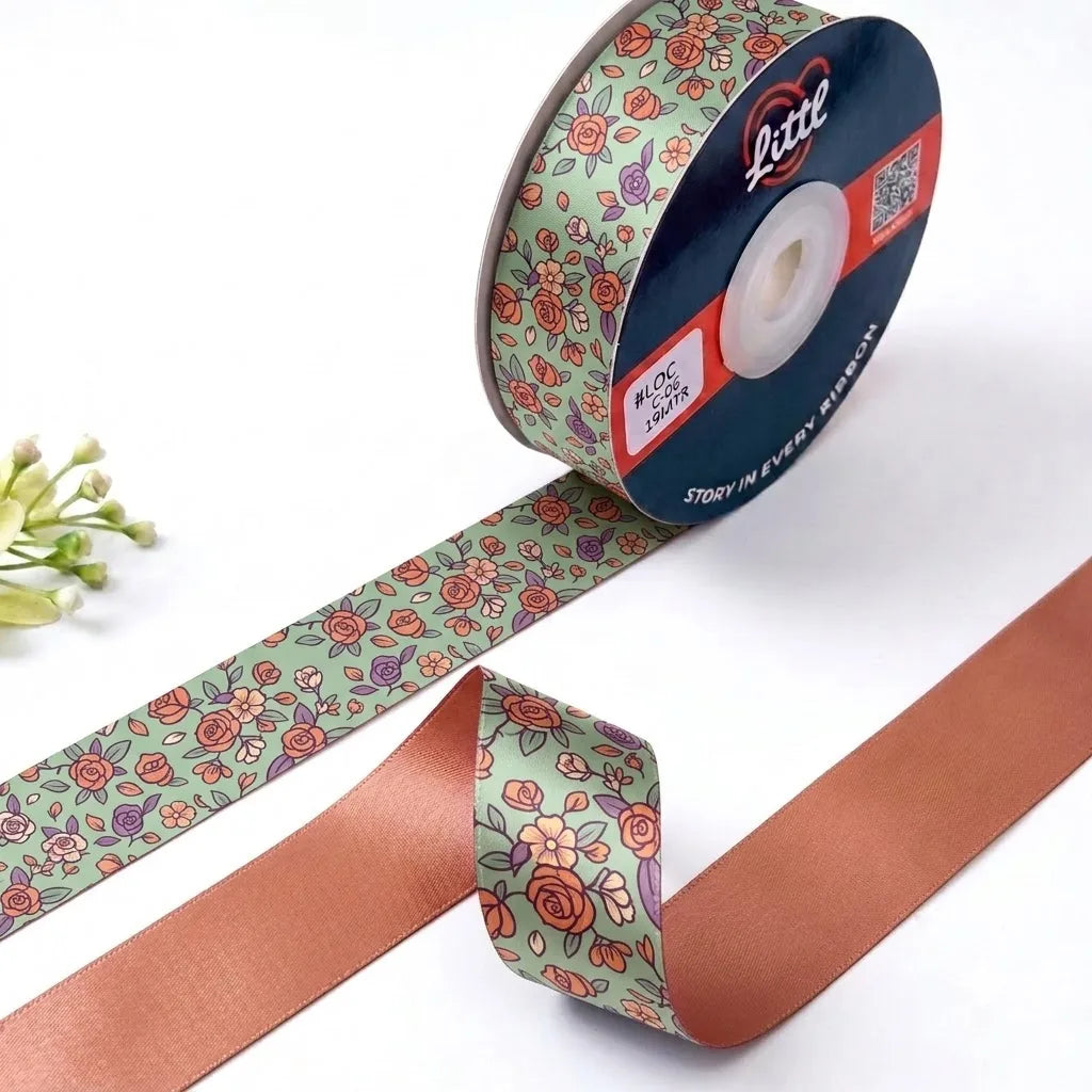Rose Ditsy Garden printed satin ribbon roll, small pink roses on mint green with a solid rose terracotta back, 1 inch (25 mm) – Littl