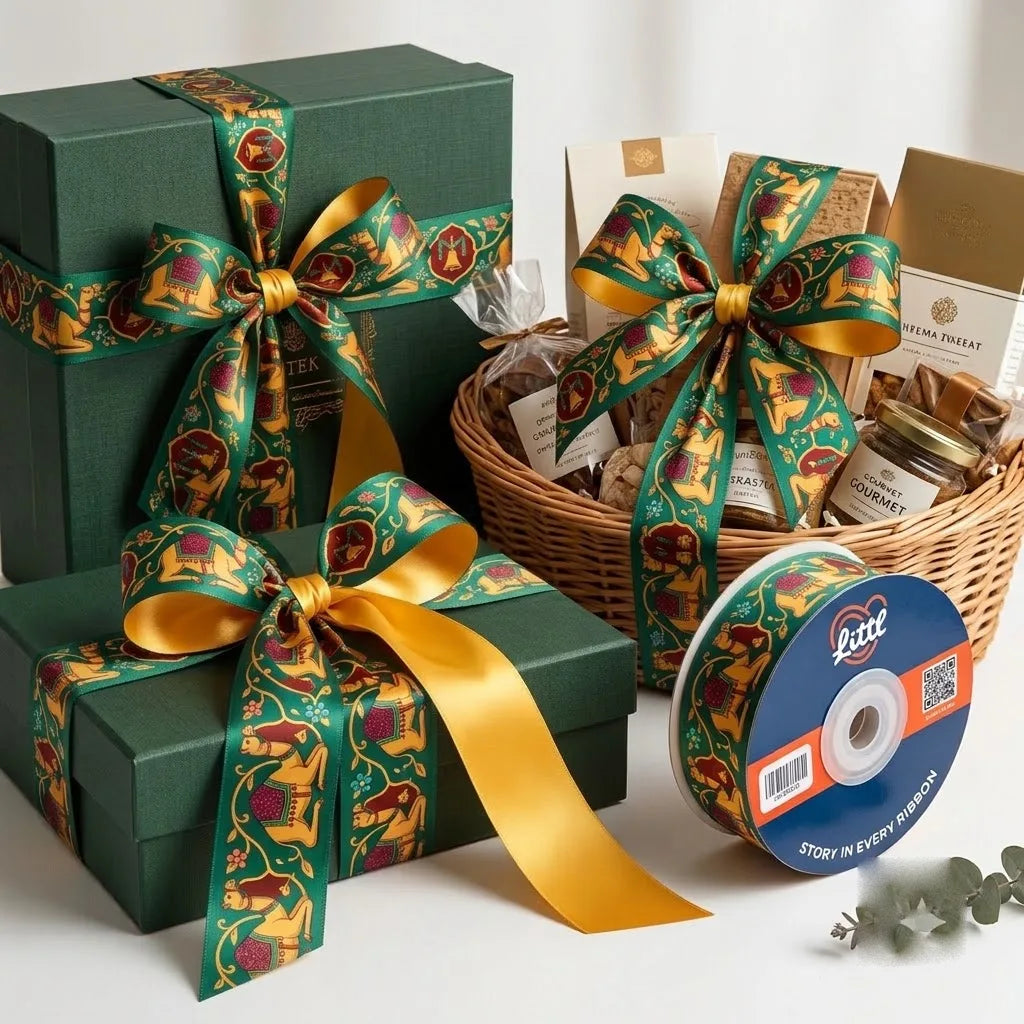 Gift wrapped with Camel Darbar Rajasthani printed ribbon from Littl