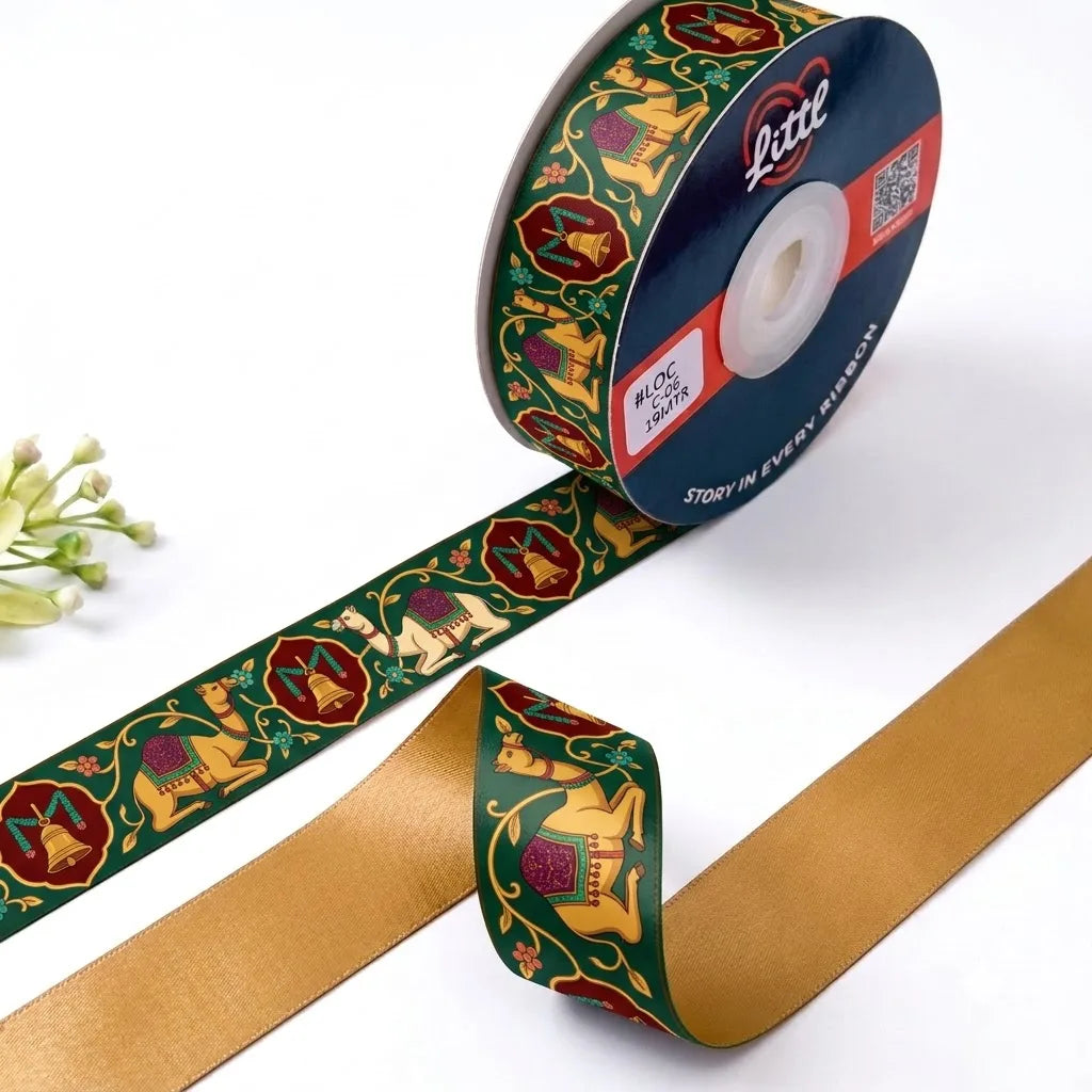 Camel Darbar Rajasthani printed satin ribbon roll, royal camels and jharokha arch medallions on bottle green with a solid mustard gold back, 1 inch (25 mm) – Littl