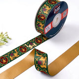 Camel Darbar Rajasthani printed satin ribbon roll, royal camels and jharokha arch medallions on bottle green with a solid mustard gold back, 1 inch (25 mm) – Littl