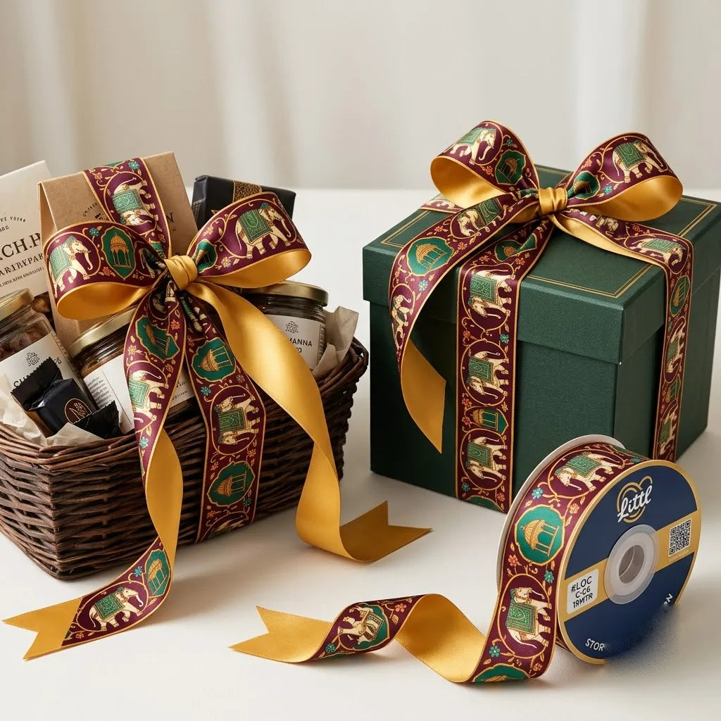 Gift wrapped with Elephant Darbar Rajasthani printed ribbon from Littl
