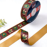 Elephant Darbar Rajasthani printed satin ribbon roll, royal elephants and arch medallions on maroon with a solid mustard gold back, 1 inch (25 mm) – Littl