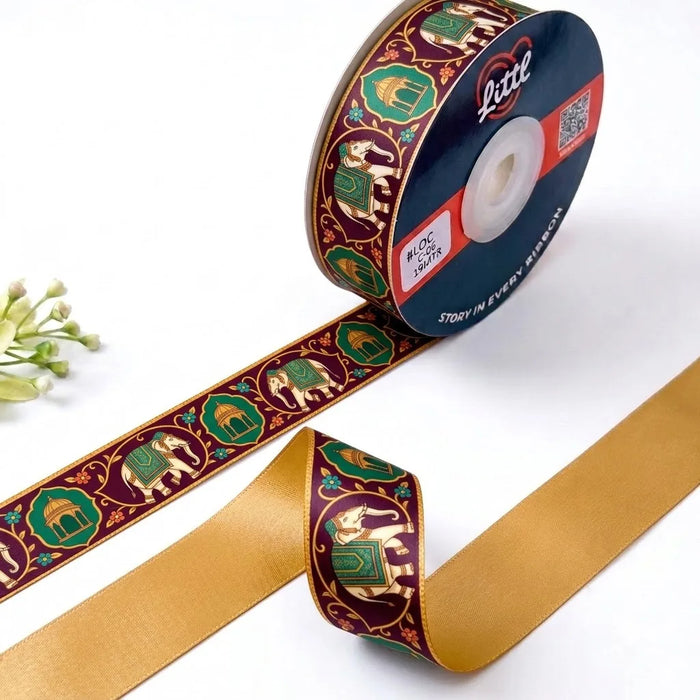Elephant Darbar Rajasthani printed satin ribbon roll, royal elephants and arch medallions on maroon with a solid mustard gold back, 1 inch (25 mm) – Littl