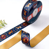 Horse Darbar Rajasthani printed satin ribbon roll, royal horses and palace arches on navy blue with a solid mustard gold back, 1 inch (25 mm) – Littl