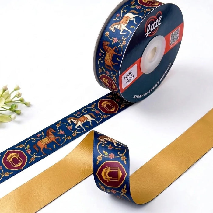 Horse Darbar Rajasthani printed satin ribbon roll, royal horses and palace arches on navy blue with a solid mustard gold back, 1 inch (25 mm) – Littl
