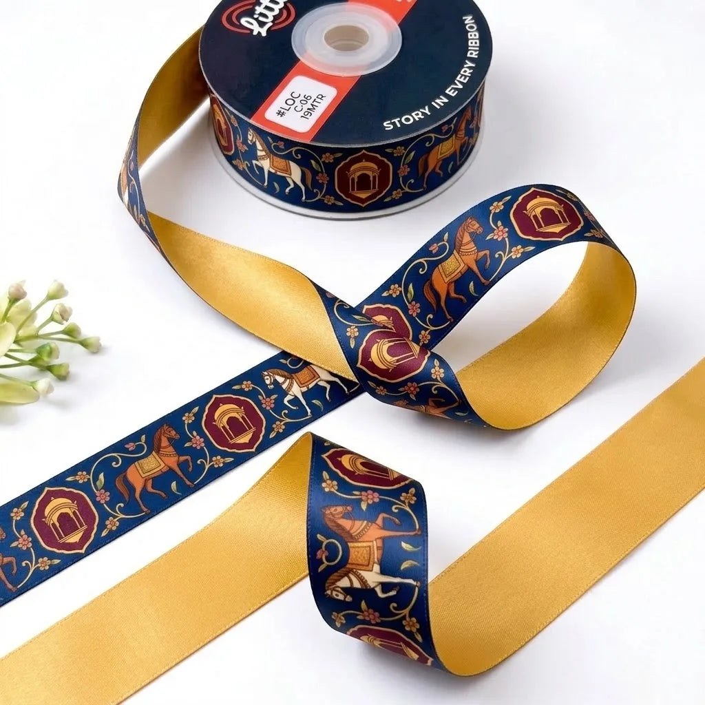 Horse Darbar ribbon twisted to show the printed front and solid mustard gold back