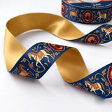 Close-up of Horse Darbar ribbon: royal horses and palace arches printed on navy blue satin