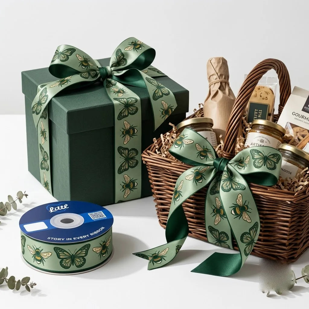 Gift wrapped with Butterfly & Bee Garden printed ribbon from Littl