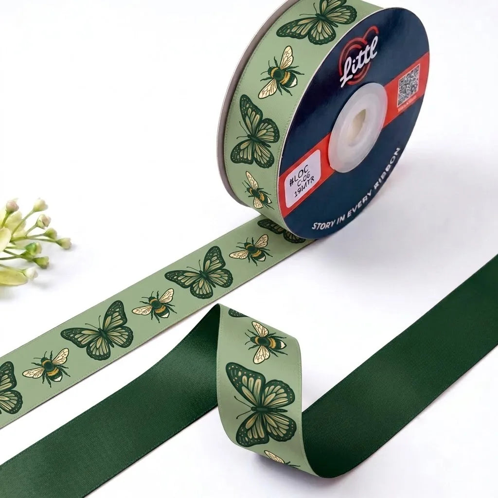 Butterfly & Bee Garden printed satin ribbon roll, green butterflies and honey bees on sage green with a solid forest green back, 1 inch (25 mm) – Littl