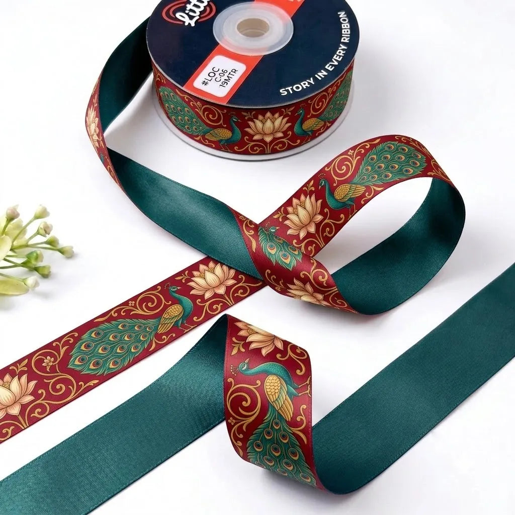 Peacock Lotus ribbon twisted to show the printed front and solid teal green back