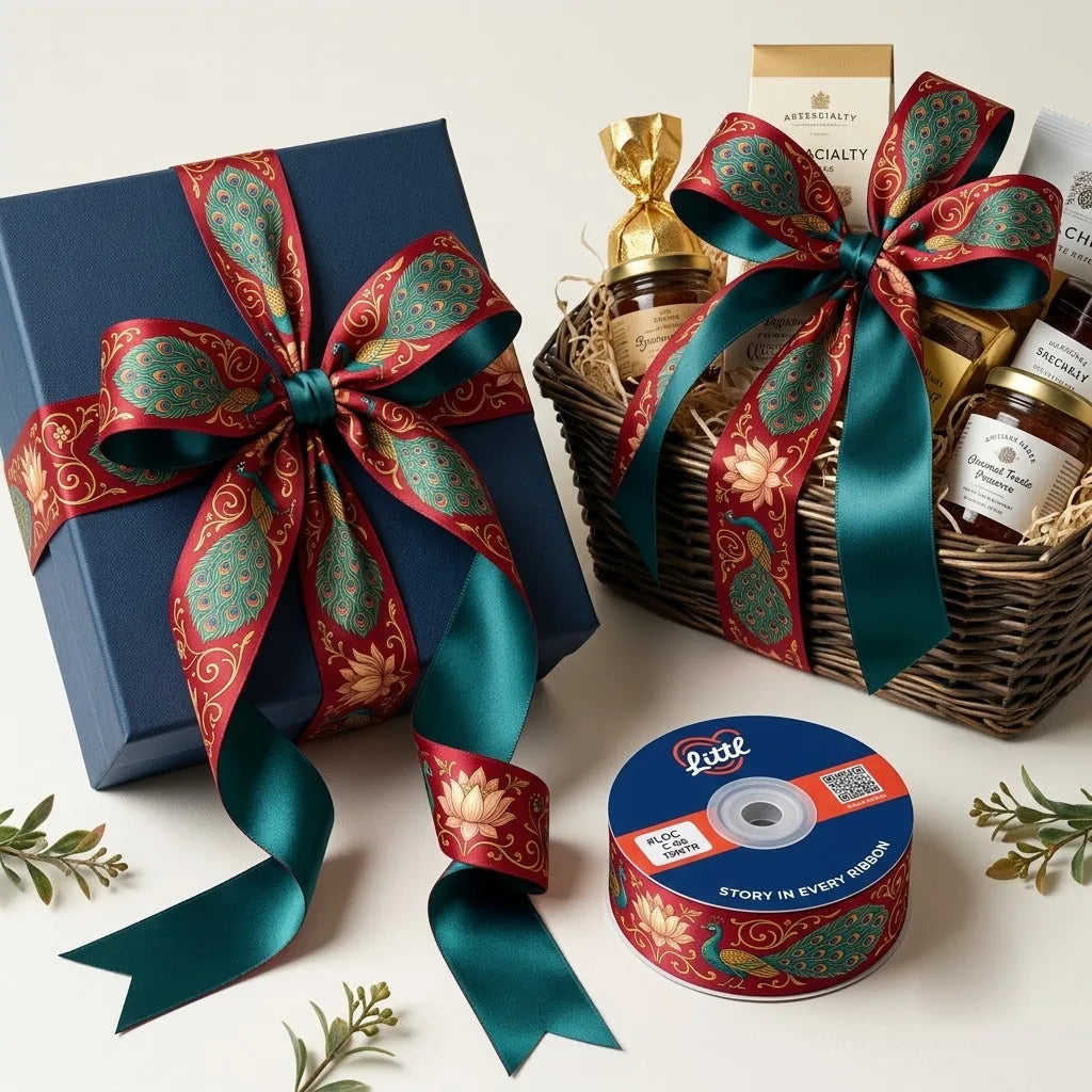 Gift wrapped with Peacock Lotus Pichrang printed ribbon from Littl