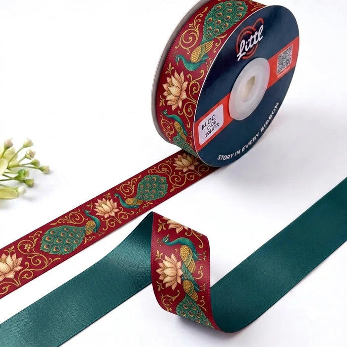 Peacock Lotus Pichrang printed satin ribbon roll, a peacock among lotus blooms on maroon with a solid teal green back, 1 inch (25 mm) – Littl