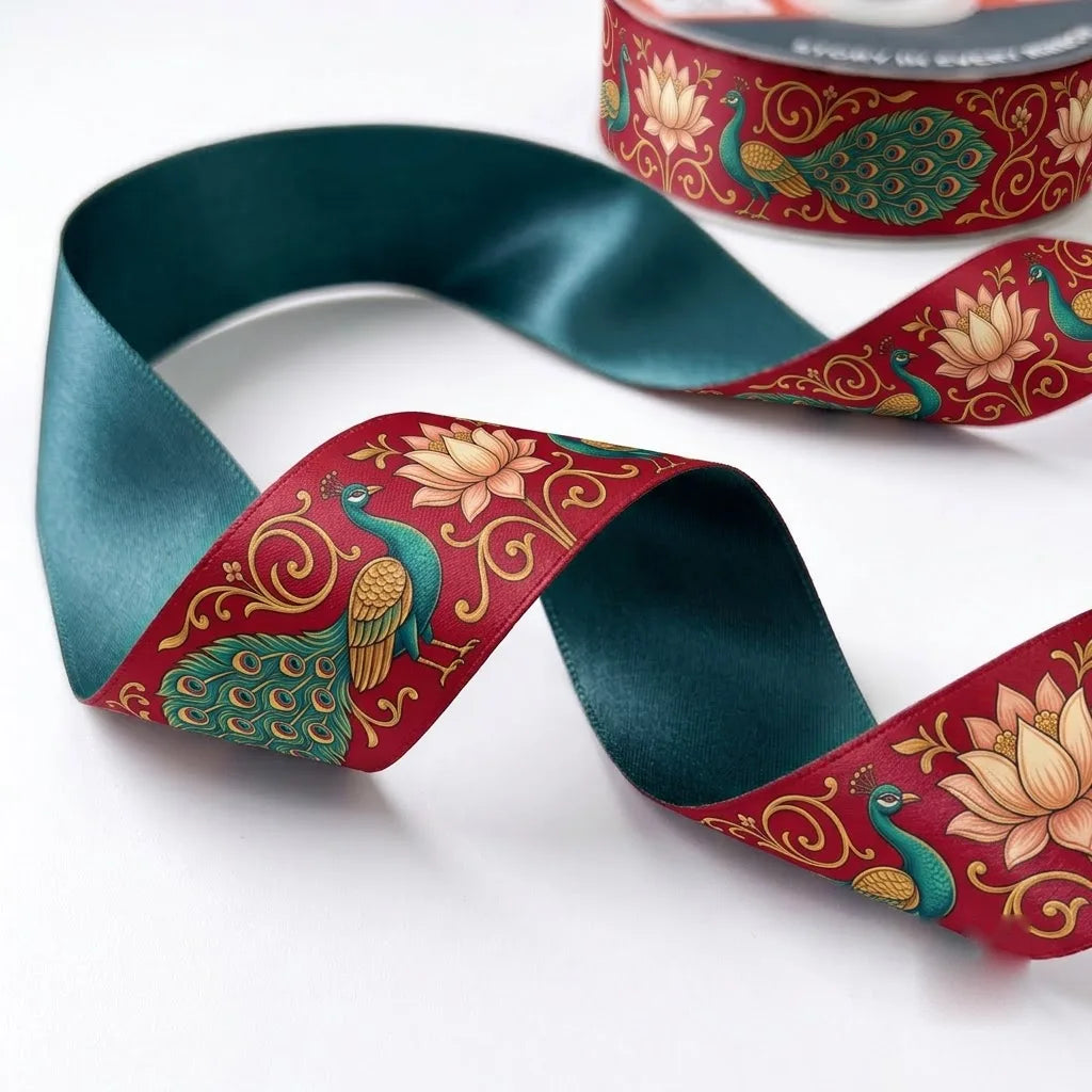 Close-up of Peacock Lotus ribbon: a peacock among lotus blooms printed on maroon satin
