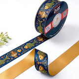 Matsya Kalash Pichrang printed satin ribbon roll, golden fish and kalash pots on navy blue with a solid mustard gold back, 1 inch (25 mm) – Littl