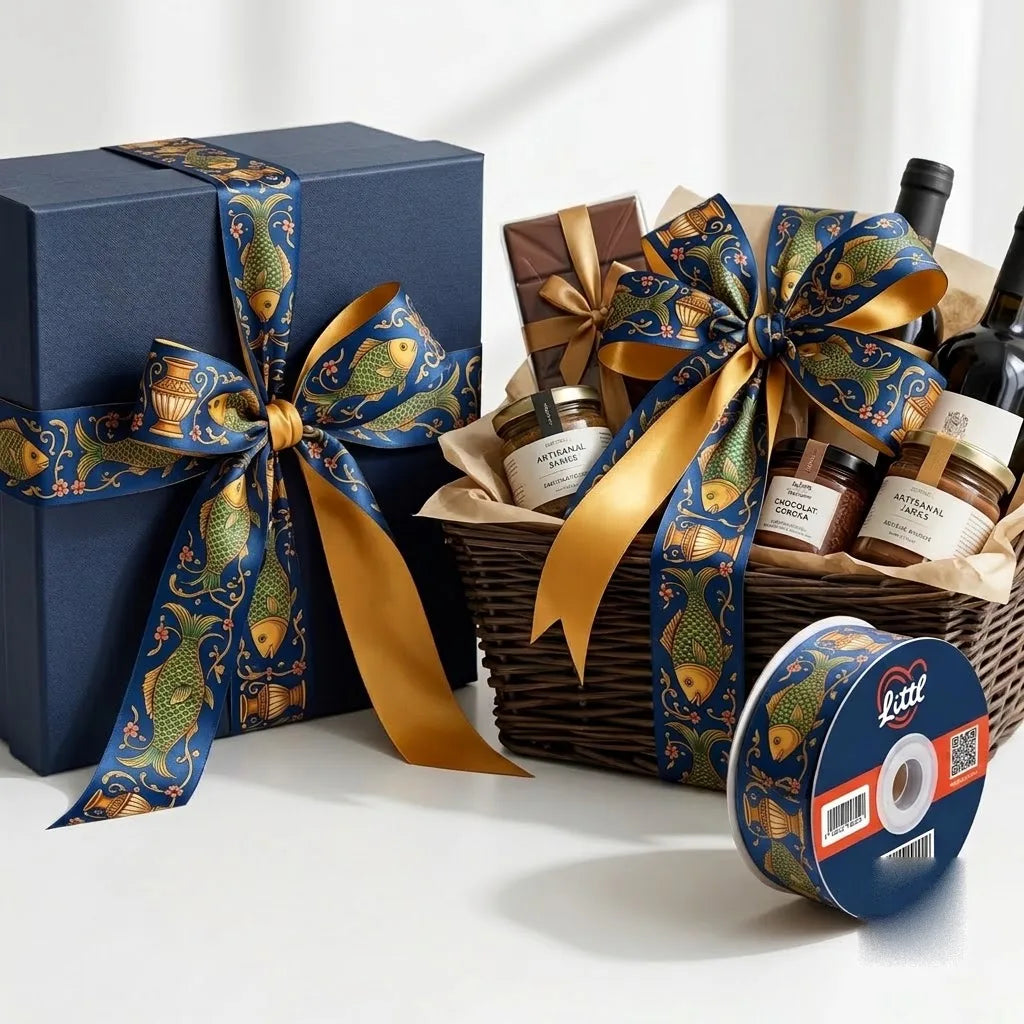 Gift wrapped with Matsya Kalash Pichrang printed ribbon from Littl