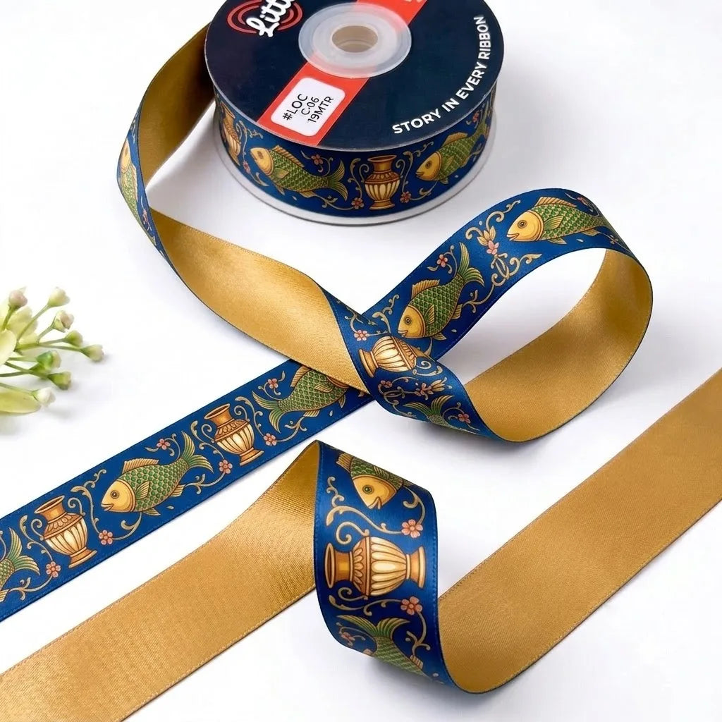 Matsya Kalash ribbon twisted to show the printed front and solid mustard gold back