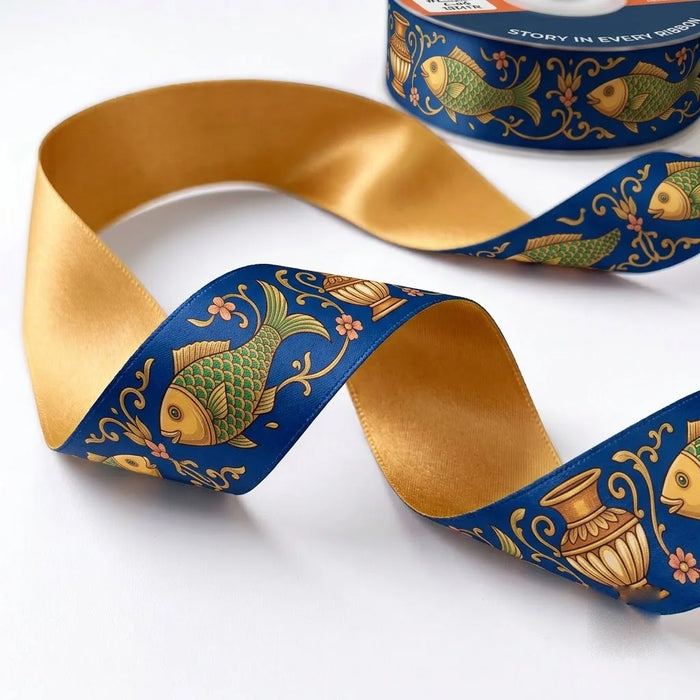 Close-up of Matsya Kalash ribbon: golden fish and kalash pots printed on navy blue satin