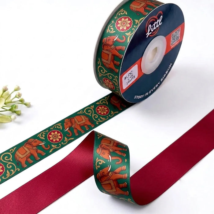 Elephant Mela Rajasthani printed satin ribbon roll, red elephants and florals on emerald green with a solid crimson red back, 1 inch (25 mm) – Littl
