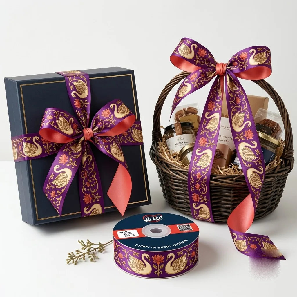 Gift wrapped with Hamsa Lotus Pichrang printed ribbon from Littl